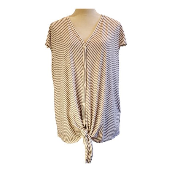 MAX STUDIO SZ 2X Womens Taupe & White Striped Knot Front Button Up Stretch Top - Picture 2 of 8